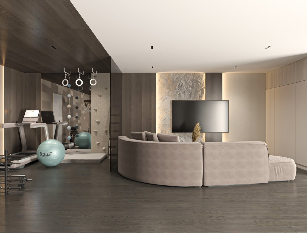 Multifunktionaler Hobbyraum: Home-Gym mit Laufband und Sprossenwand neben der Lounge mit geschwungenem Sofa