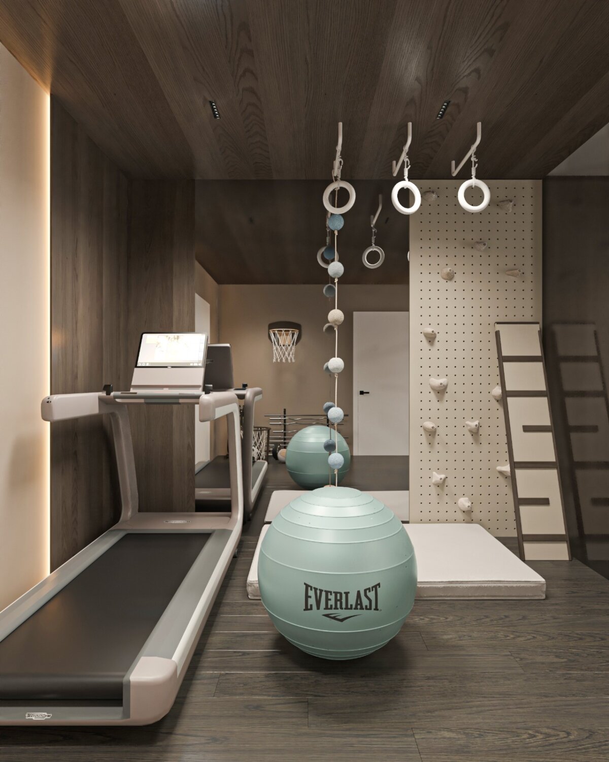 Home-Gym mit Laufband, Gymnastikball, Sprossenwand und Turnringen vor dunkler Holzverkleidung