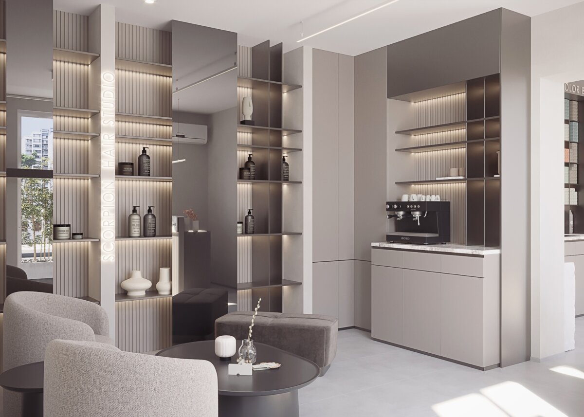 Lounge des Coiffeur-Salons mit beleuchteten Regalwänden, Bouclé-Sesseln und Kaffeebar