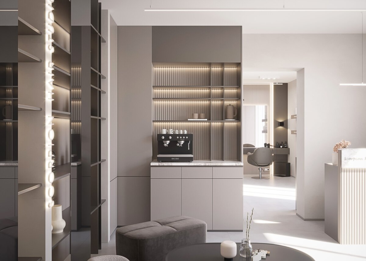 Blick durch die Regalwand auf Kaffeebar und Empfang des Salons