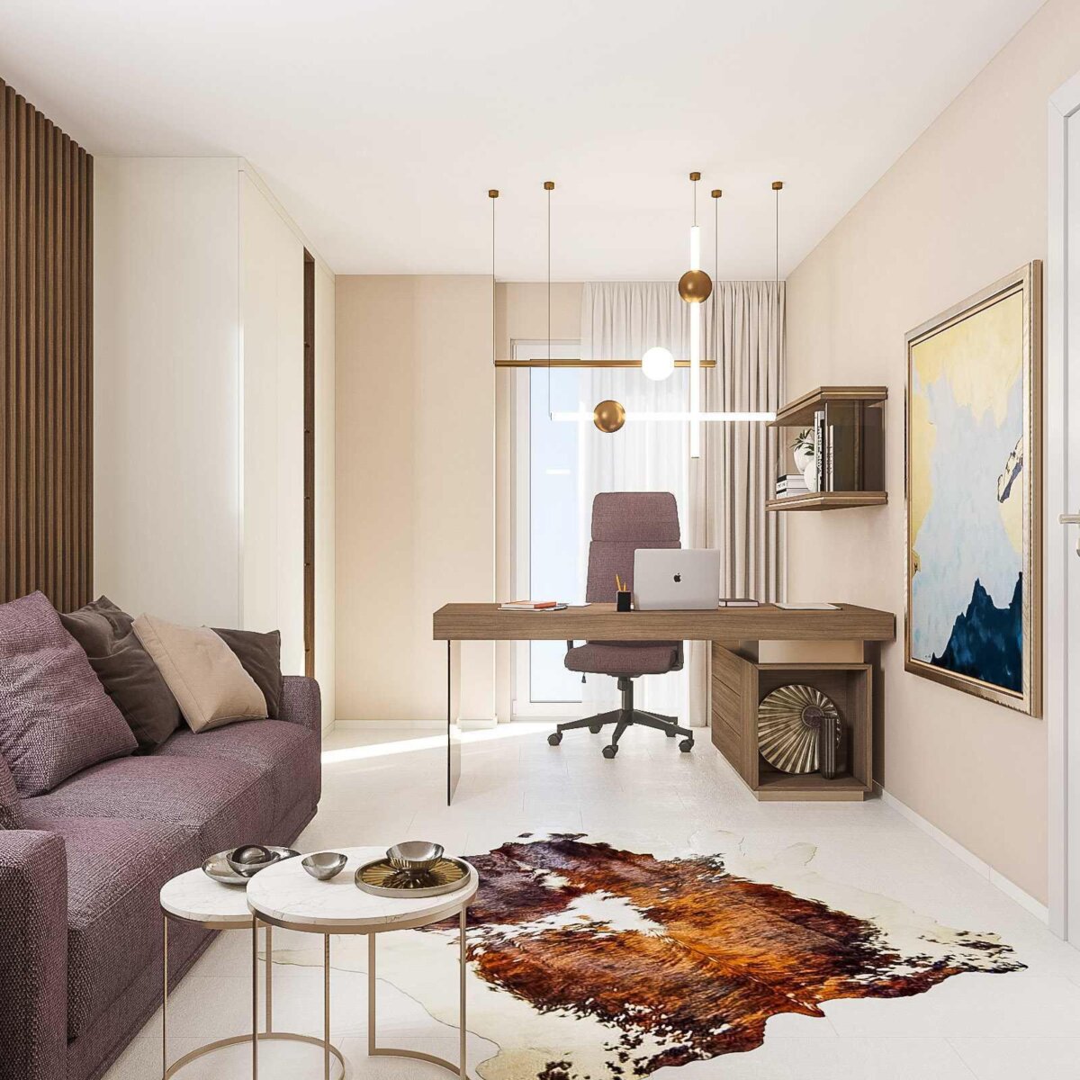 Arbeitszimmer mit Schreibtisch, Sofa und Pendelleuchten