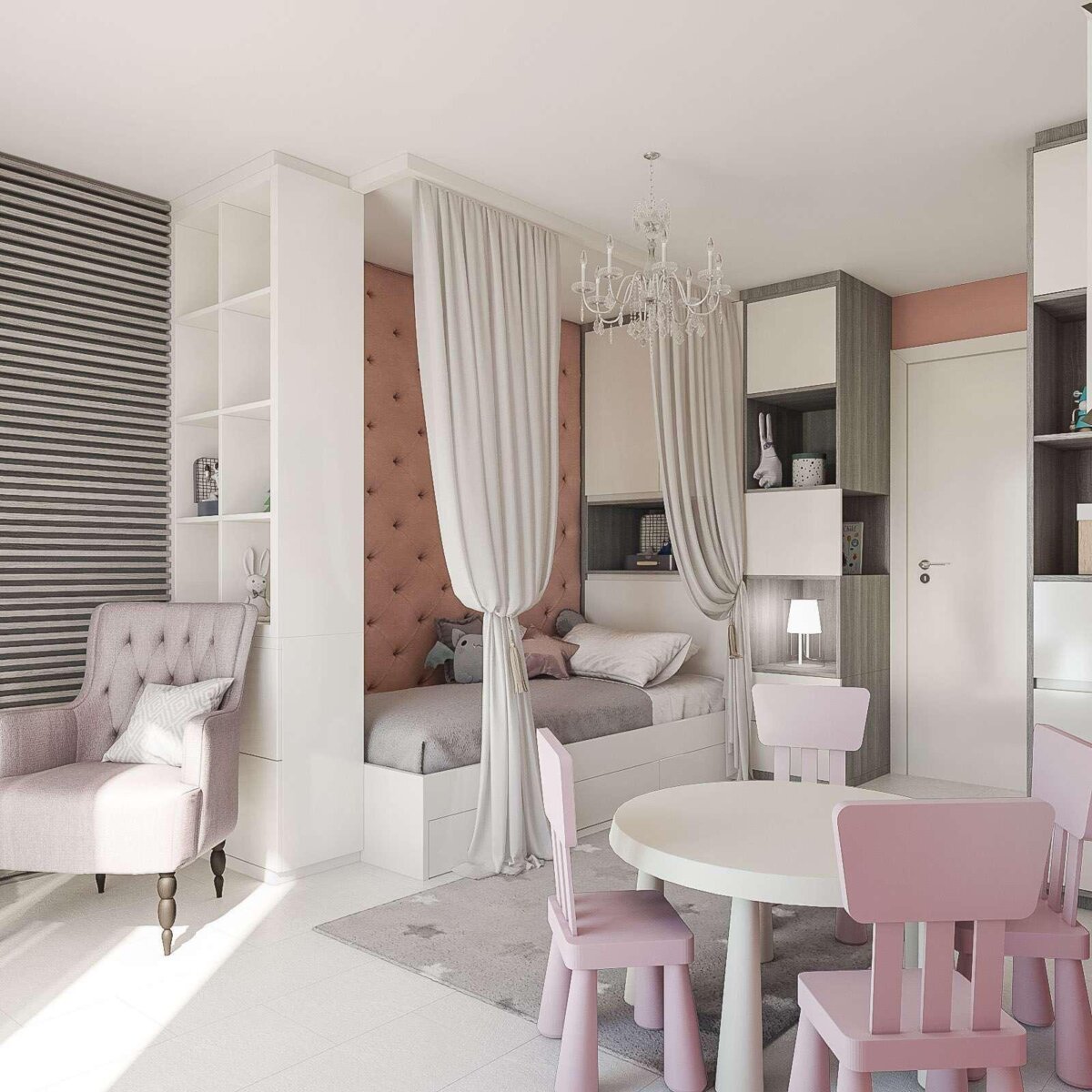 Kinderzimmer in Rosé mit Hochbett und Spieltisch
